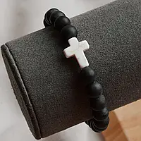Мужской браслет из натурального камня шунгита на руку "Крест" - 21 см