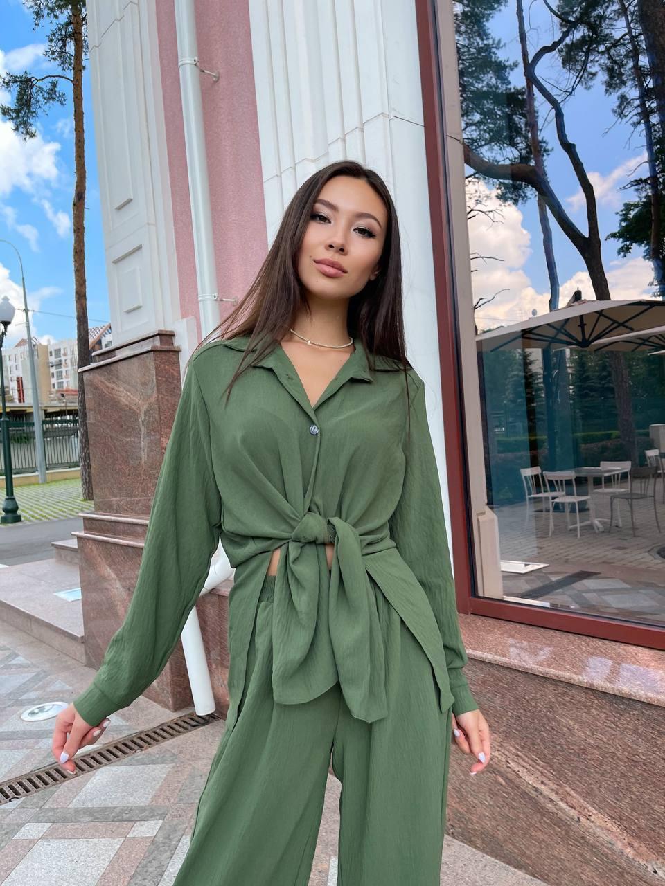Прогулянковий літній жіночий костюм однотонний - сорочка та штани (Розміри S-M, L-XL), Хакі