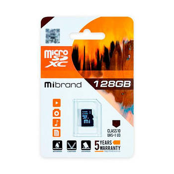 Карта пам'яті 128GB Mibrand microSDXC (UHS-1 U3) C10 (MICDHU3/128GB-A) + adapter SD