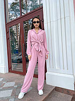 Прогулочный летний женский костюм однотонный - рубашка и брюки (Размеры S-M, L-XL), Розовый