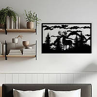 Декоративное панно на стену, деревянный декор в комнату "Загадочный олень", интерьерная картина 30x18 см
