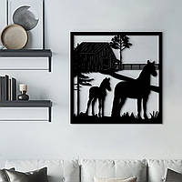 Декоративное панно на стену, деревянный декор для дома "Лошади на ферме", картина лофт 60x60 см