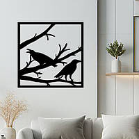 Декоративне панно з дерева, настінний декор для дому "Крук і ворона", картина лофт 20x20 см