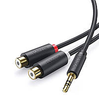 Аудіо кабель з AUX mini-Jack 3,5мм на Double RCA тюльпан UGREEN 2RCA Female Cable (0.25m). Black