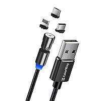 Кабель ColorWay USB-Lightning + microUSB + USB-C Magnetic Rotation 540°, 2.4А, 1м, Black (CW- UT, код: 6713566