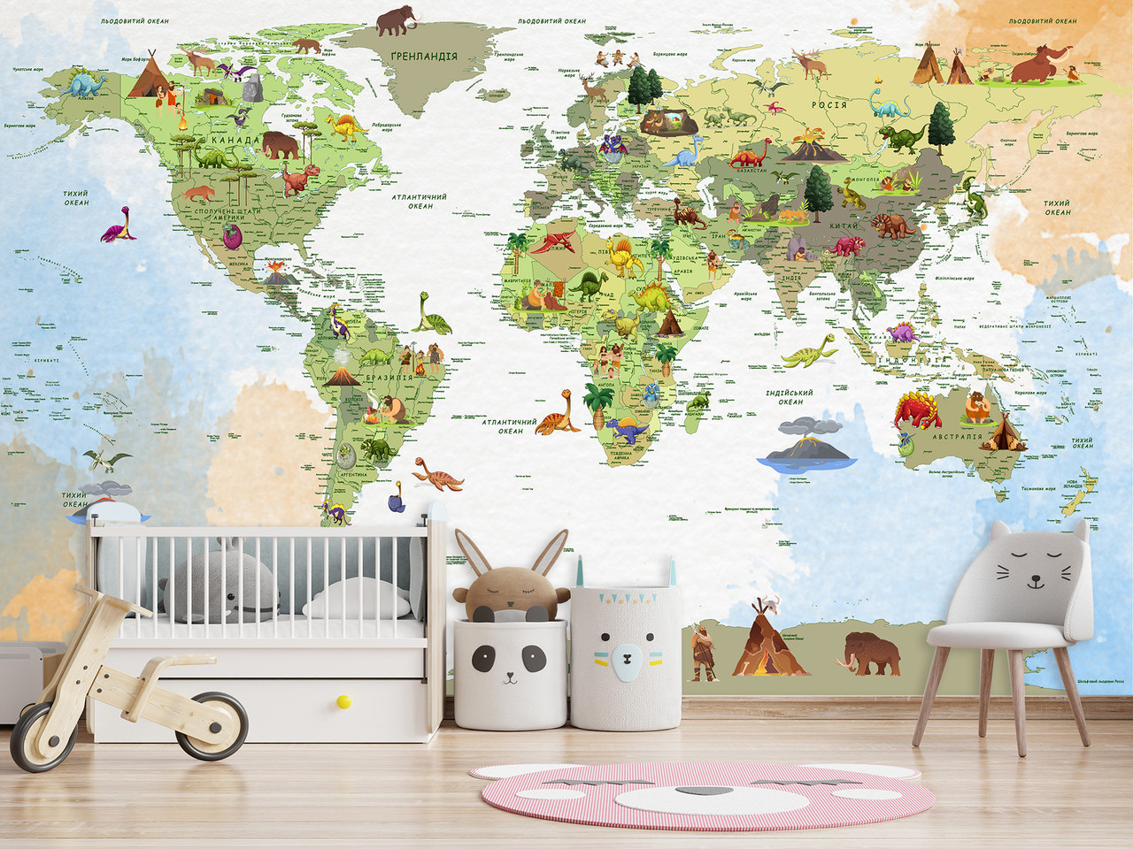 Декор для дитячих кімнат, флізелінові фотошпалери з малюнком "Дитяча карта світу", фото 1