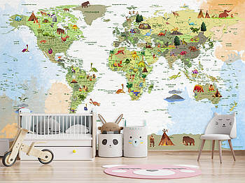 Декор для дитячих кімнат, флізелінові фотошпалери з малюнком "Дитяча карта світу"