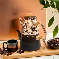 Чайник красивий Paçi Elite Class 3л емальований чорний, Подвійний турецький чайданлик для всіх видів плит