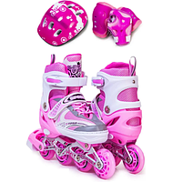 Дитячі Ролики в комплекті із захистом і шоломом Happy Pink розмір 34-37 з PU колесами що світяться.