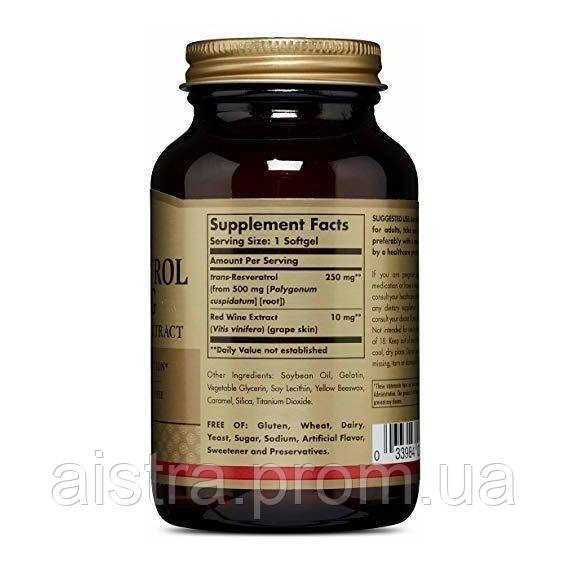 Ресвератрол Solgar Resveratrol 250 mg 60 Softgels UT, код: 7527180 - фото 2 - id-p2166487148