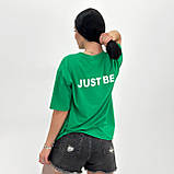 Жіноча зелена футболка з написом "Be Good, Be Bad", вільного крою, кулір бавовна, оверсайз, повсякденна, фото 5