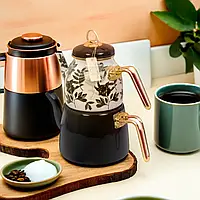 Чайник Paçi Elite Class чорний з візерунком подвійний емальований 3 л, турецький чайданлик для заварювання чаю