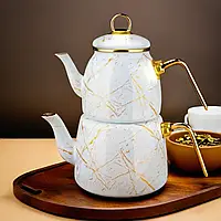 Емальований стильний чайник Paçi Elite Class 3,2 л з візерунками для турецького чаю, Двоповерховий турецький чайданлик