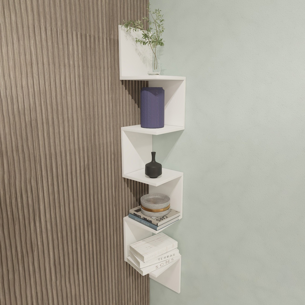 Полиця навісна кутова книжкова відкрита з ДСП Полиця для книг та декору настінна змійка на 5 відділень, фото 1