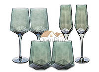 Набор бокалов для вина 6шт,для шампанского 6шт,стакани 6шт из цветного стекла кристал Дзеркальная бирюза 18 ед