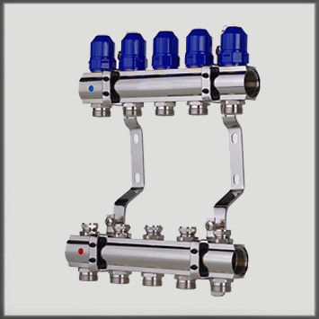 Колекторний блок 1" на 2 виходи з термостатичними клапанами (Чехія)