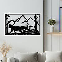 Черная картина на стену, деревянный декор для дома "Волк на прогулке", оригинальный подарок 30x18 см