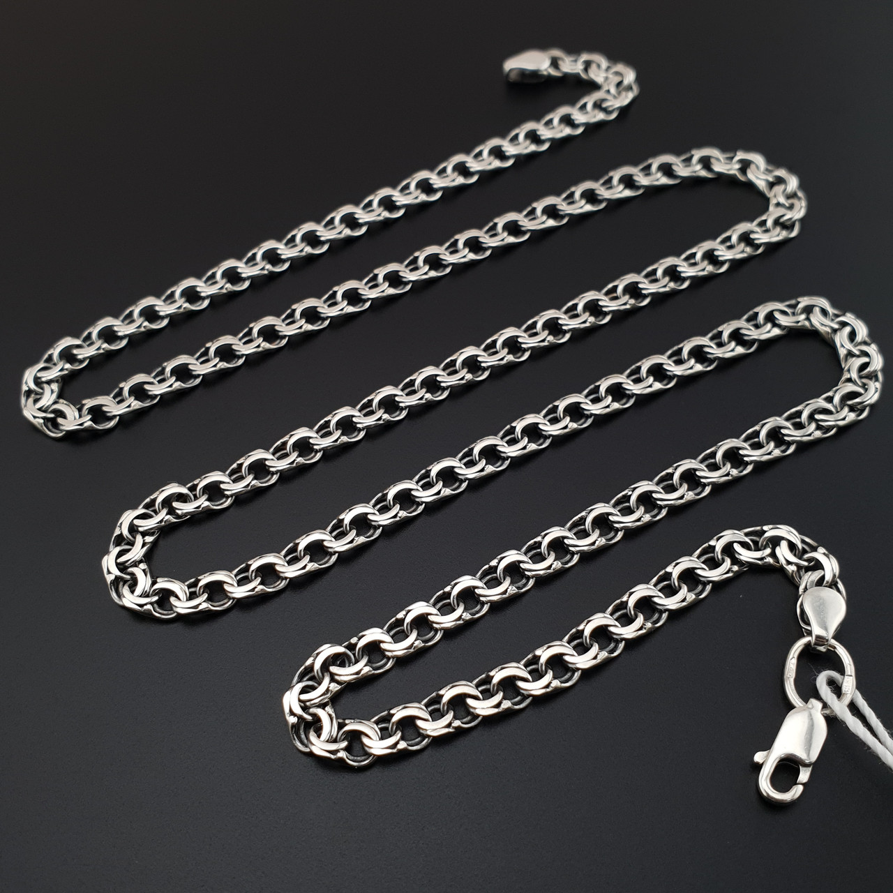 Срібна цепочка чоловіча Бісмарк плоский. Чорнений ланцюжок на шию срібло 925. Довжина 50 см, фото 1