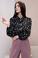 Женская блузка(блуза) с широкими, длинными рукавами, с воротником. В цветочек. Черная M