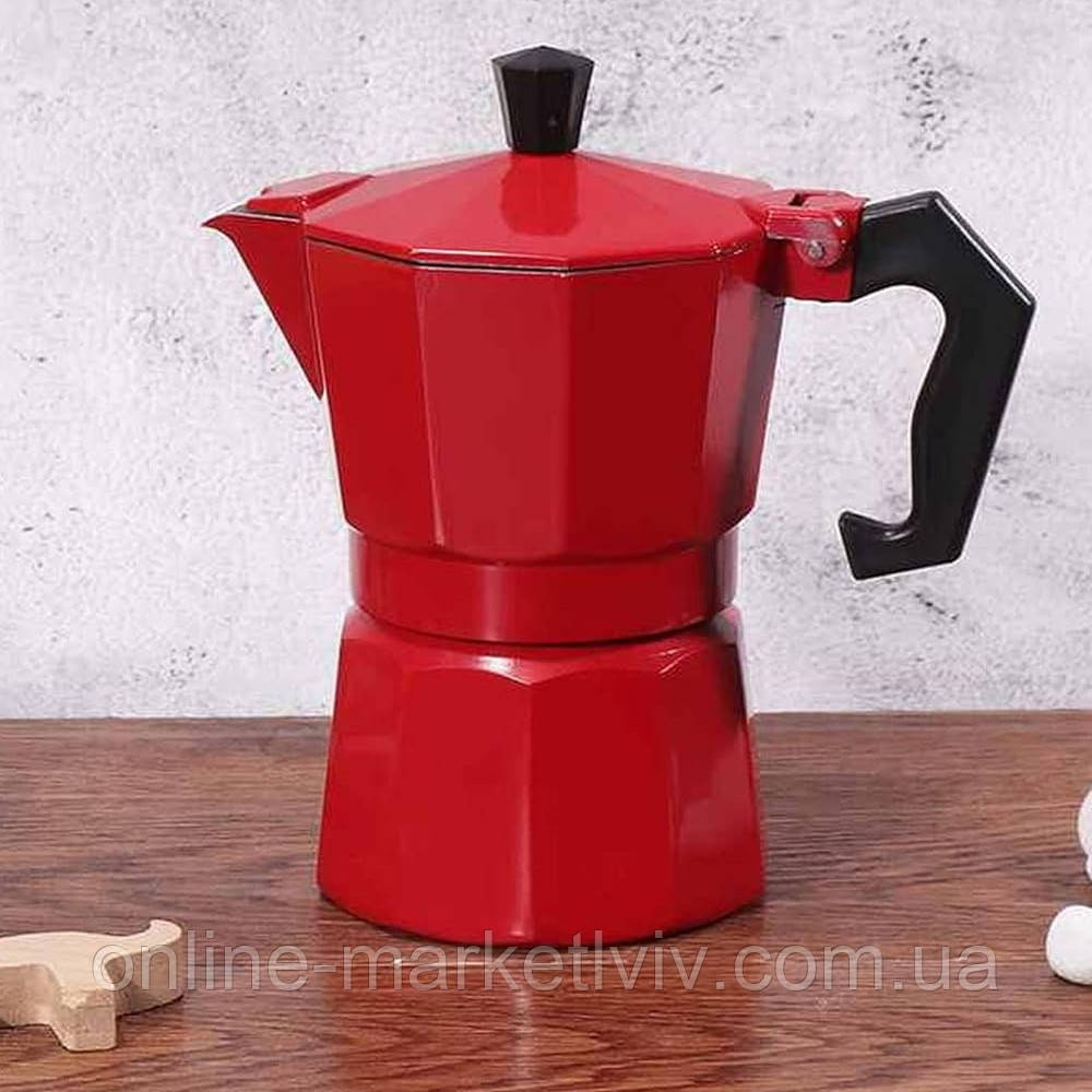 Гейзерна кавоварка на 450 мл, 9 чашок, для газових плит, DT-2709, Червона / Кавоварка з термостійкою ручкою, фото 1