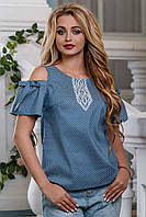 Женская блузка(блуза) с открытыми плечами, свободная, летняя. Сине-серая S