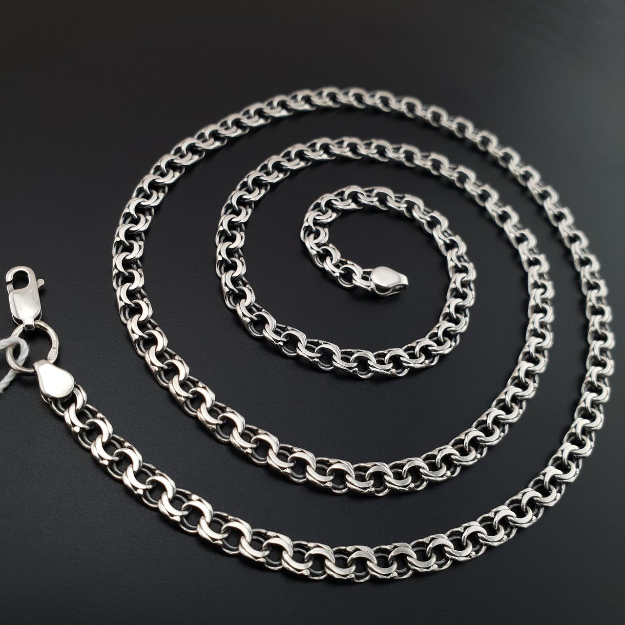 Чоловіча срібна цепочка Бісмарк плоский. Чорнений ланцюжок на шию срібло 925. Довжина 60 см, фото 1