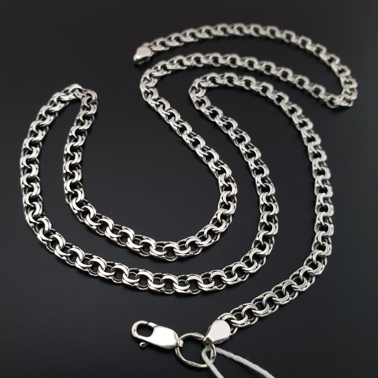 Срібна цепочка чоловіча Бісмарк плоский. Чорнений ланцюжок на шию срібло 925. Довжина 65 см, фото 1