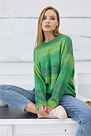 Женский свитер с длинными рукавами и круглой горловиной. Свободный. Полосатый. Зеленый S-XL