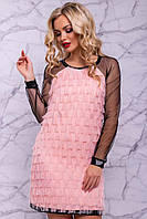 Платье-футляр выше колена розовое с травкой, эффектом перьев. Рукава из сетки, прозрачные S