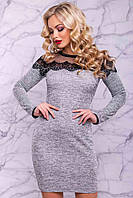 Элегантное трикотажное короткое платье, обтягивающее, с сеткой, кружевом и люрексом. Серое XL