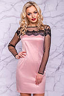 Розовое платье мини выше колена из атласа обтягивающее с кружевом и сеткой. Нарядное XL