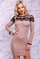 Элегантное трикотажное короткое платье, обтягивающее, с сеткой, кружевом и люрексом. Розово-персик M