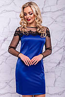 Синее платье мини выше колена из атласа обтягивающее с кружевом и сеткой. Электрик, нарядное L