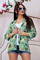 Женская летняя рубашка-кардиган с рисунком перьев и листьев. Гавайский стиль. Мятная L