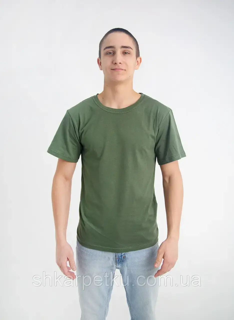 Універсальна бавовняна однотонна футболка МЕРКУРІЙ БАТАЛ унісекс, колір хакі (олива)