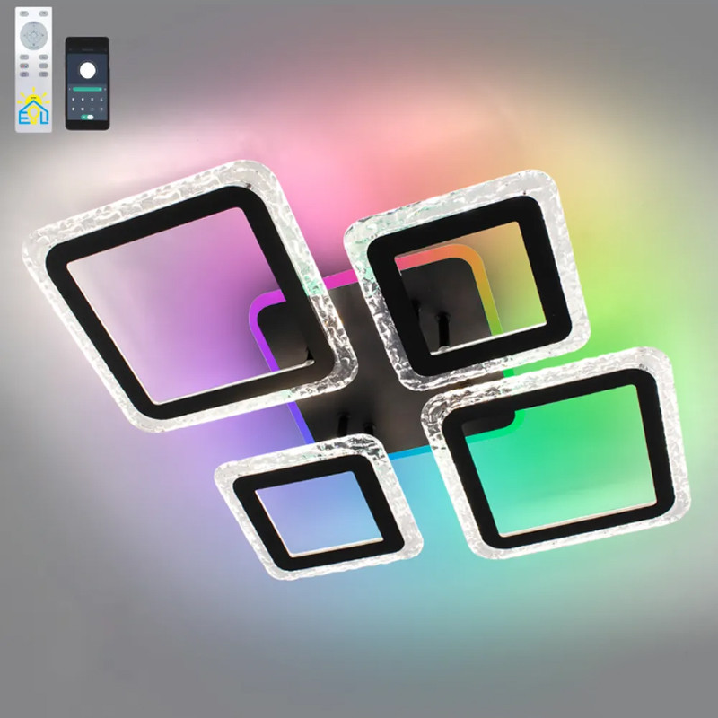 Квадратна світлодіодна люстра з пультом ДУ до 15 м² OVAL ICE RGB 75W 5S BLACK/CLEAR