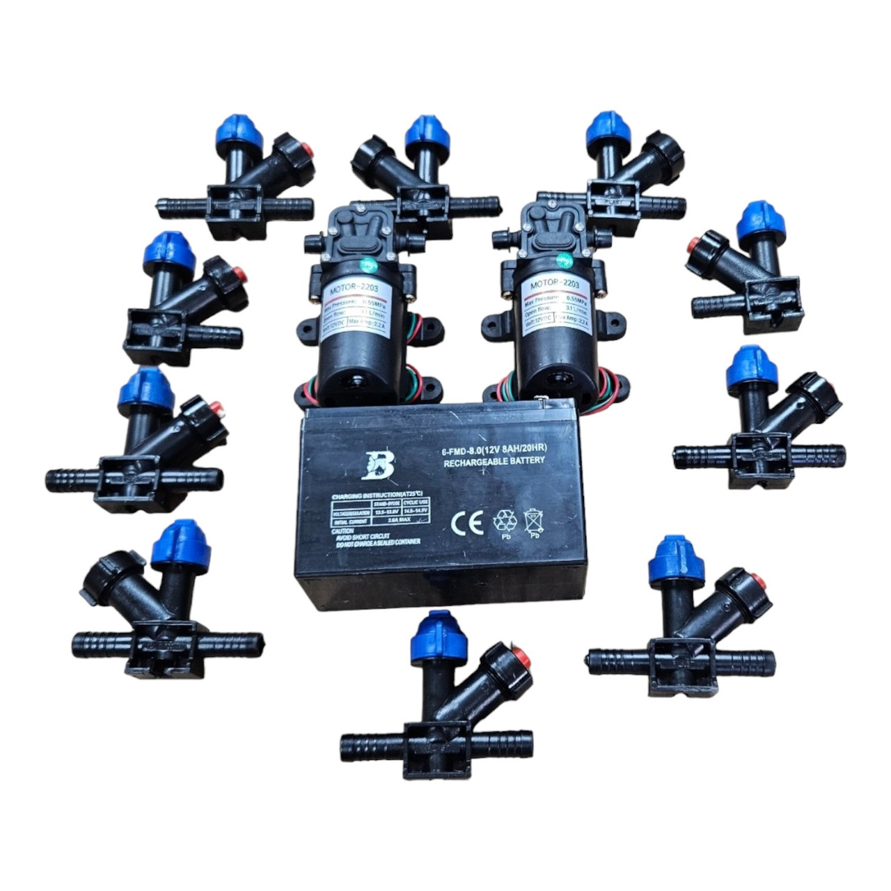 Комплект (Набір) для саморобного обприскувача 2 насоси 10 форсунок акумулятор 12v 8ah