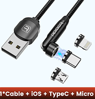 Кабель магнітний Toocki 540°Micro USB Type-C iPhoneUSB 3.0 швидке заряджання, передавання даних, (2 m) — Black 3 А