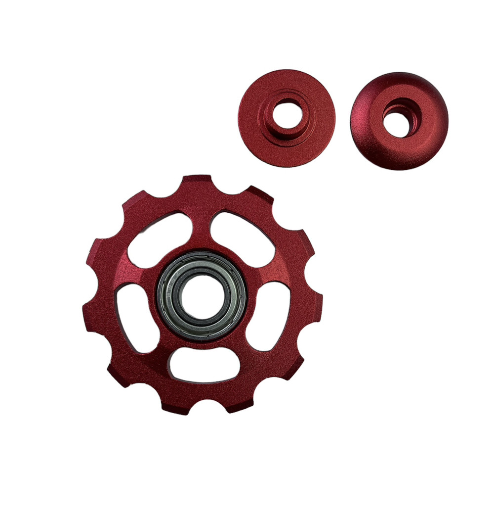 Ролик / зірочка алюмінієвий 11Т на промпідшипнику для задньої перекидки перемикача червоний, фото 1