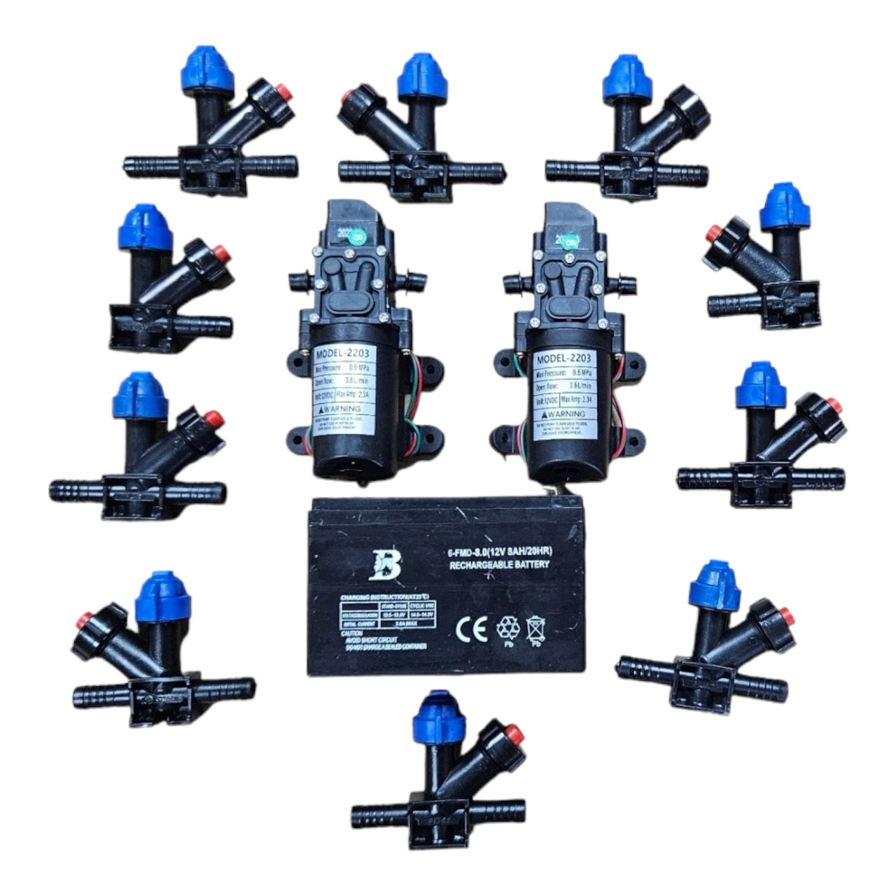 Комплект (Набір) для саморобного обприскувача 2 насоси 10 форсунок акумулятор 12v 8ah, фото 1