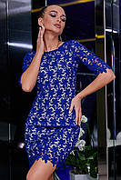 Кружевное мини платье выше колена короткое с гипюром, обтягивающее по фигуре. Синее M