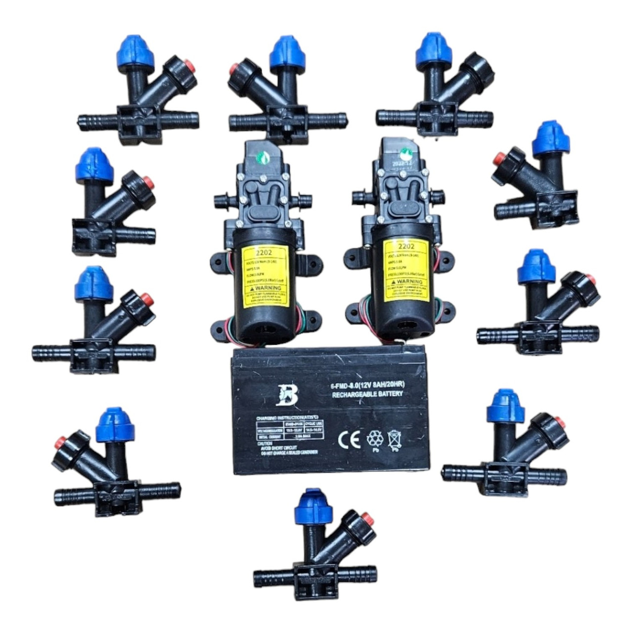 Комплект (Набір) для саморобного обприскувача 2 насоси 10 форсунок акумулятор 12v 8ah