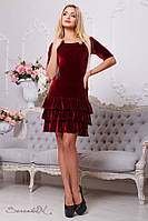 Бордовое велюровое платье мини выше колена с открытыми плечами. Короткое приталенное, марсала S