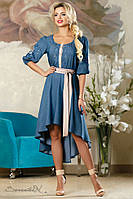 Летнее платье-вышиванка с асимметричным подолом и рукавами три четверти. Синее M