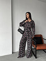 Женский весенний брючный костюм из крепдешина с принтом размеры S-XL Малиновый, Oversize