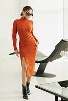 Красивое, модное, обтягивающее женское платье-футляр с разрезом. Терракотовое (оранжевое) S