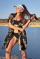 Летняя женская пляжная туника из принтованого льна. Короткая, на завязках. Черная S-M