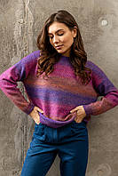 Женский свитер с длинными рукавами и круглой горловиной. Свободный. Полосатый. Сиреневый S-XL