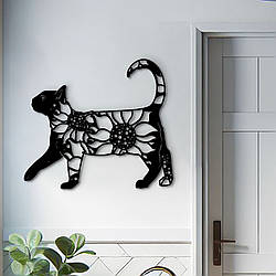 Дерев'яний декор для дому, декоративне панно на стіну "Кіт з соняшниками", картина лофт 20x23 см