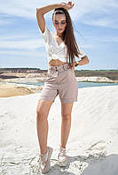 Женские летние шорты на высокой талии с карманами из коттона, натуральная ткань. Бежевые S